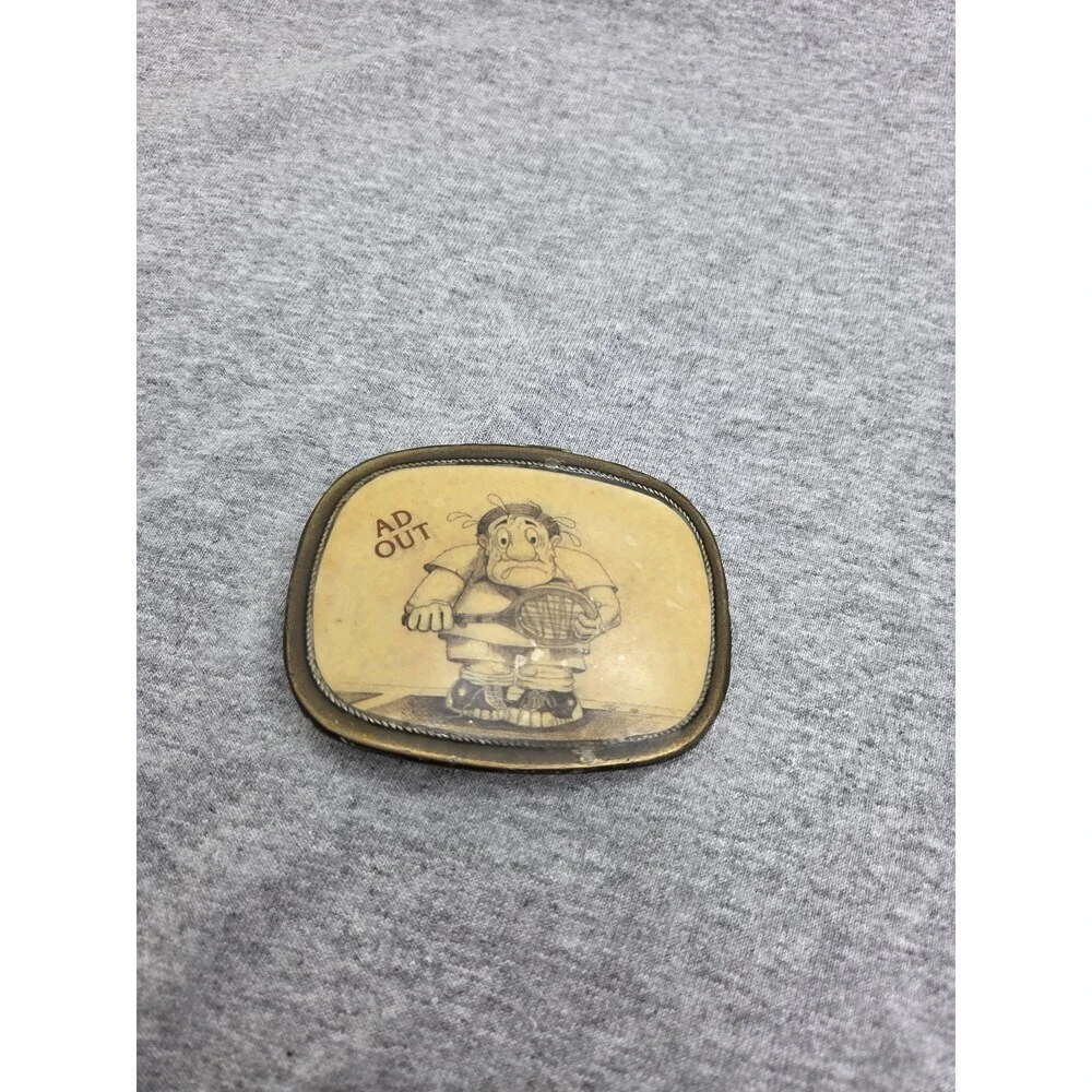 Vintage Ad Out Tennis Player Sports Racquet Belt Buckle